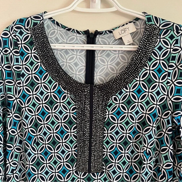 Ann Taylor LOFT Women Shift Dress 6 Blue Beads Preppy Casual Mandala Work Modest - Picture 6 of 17